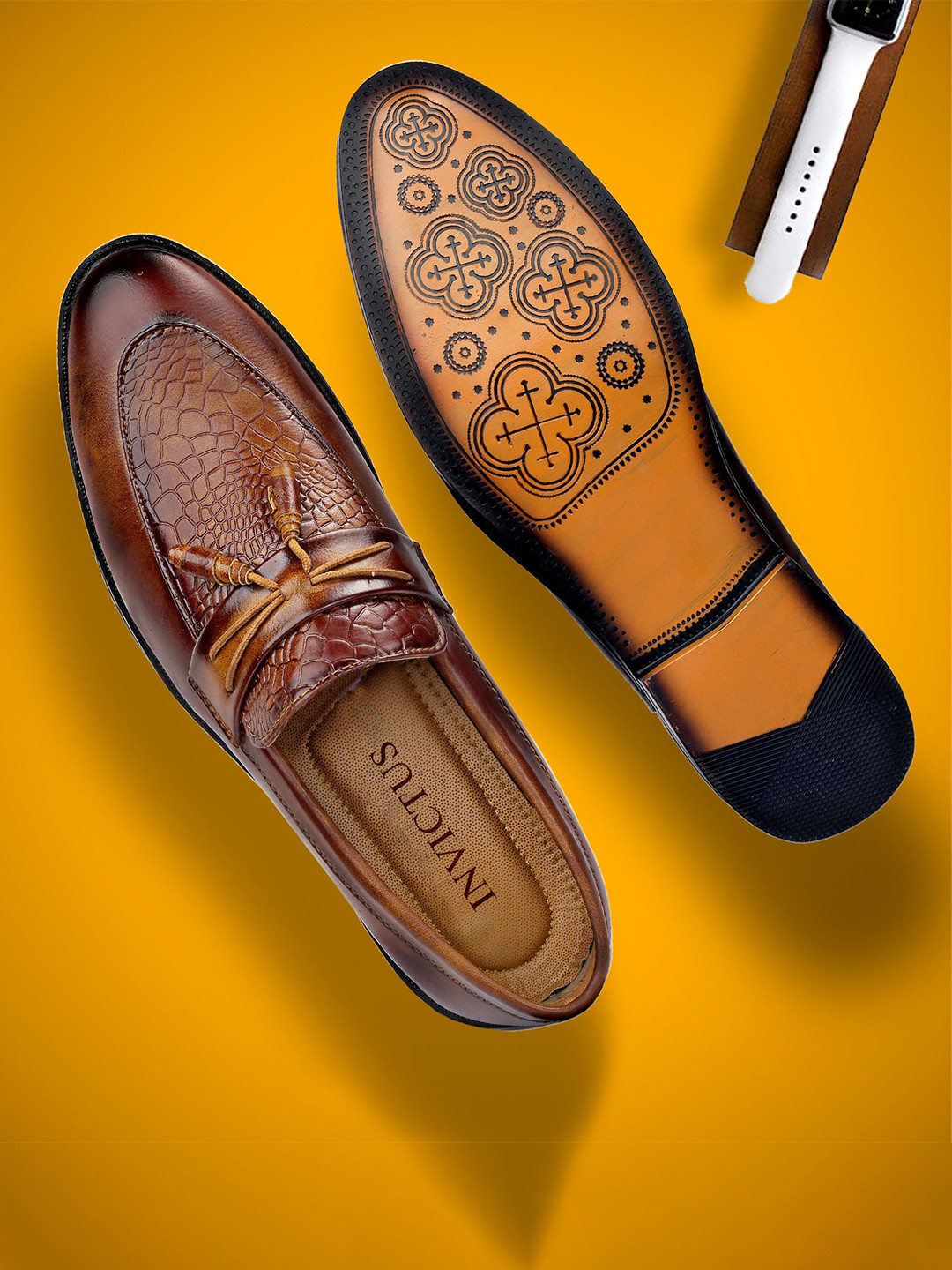 INVICTUS Men Tan Croco Textured Knotted Bow Tassel Slip-On Formal Loafers