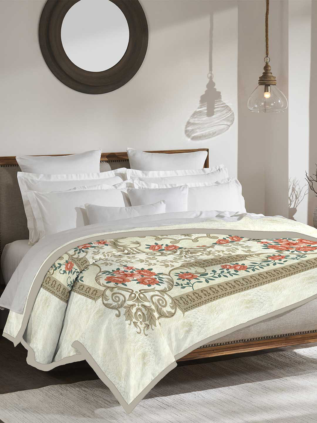 MYTRIDENT Cream Microfiber Floral Print Double Bed Blanket