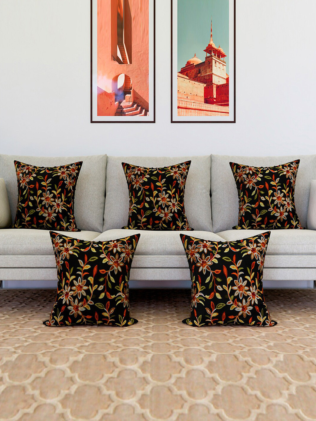 Kuber Industries Black 5 Pieces Floral Embroidery Square Cushion Covers