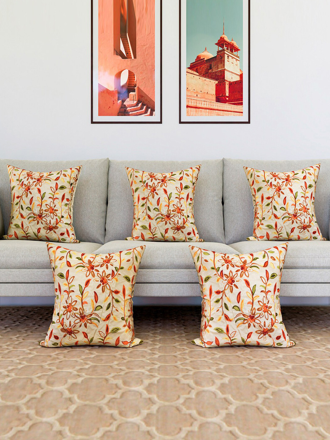 Kuber Industries Cream & Red 5 Pieces Floral Embroidery Square Cushion Covers