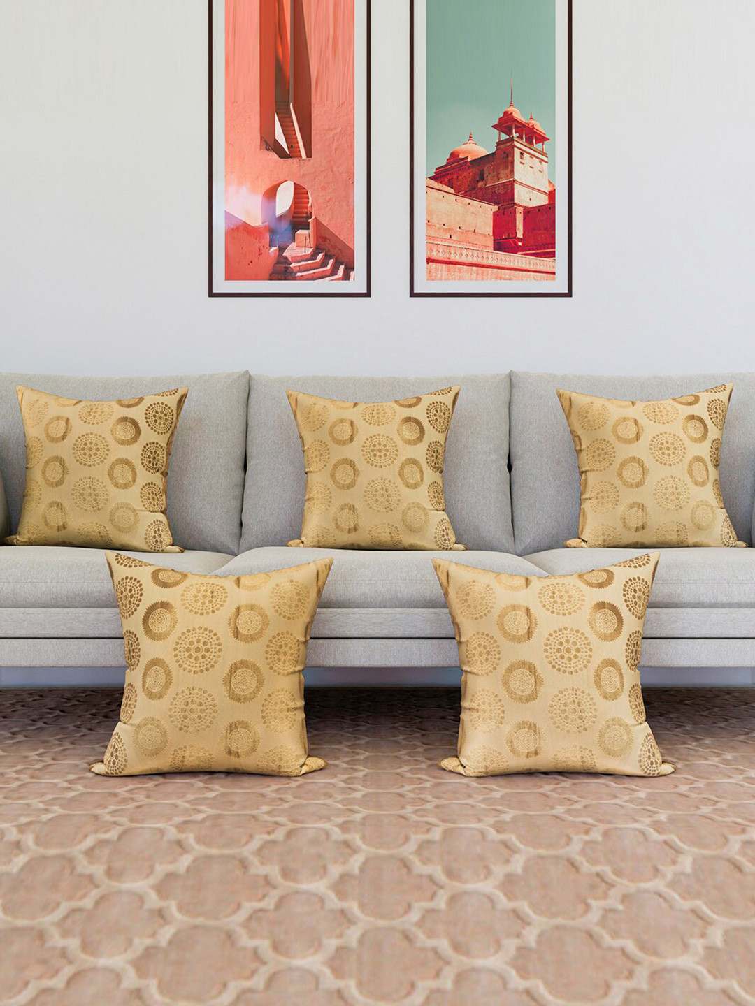 Kuber Industries Banarasi Gola Polyester Anti-Wrinkle 5 Pcs Zari Cushion Covers-16x16In