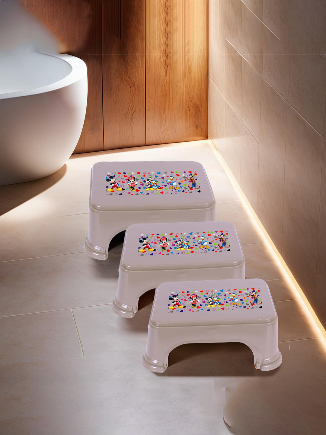 Kuber Industries Cream & Red 3 Pieces Geometric Plastic Step Stool