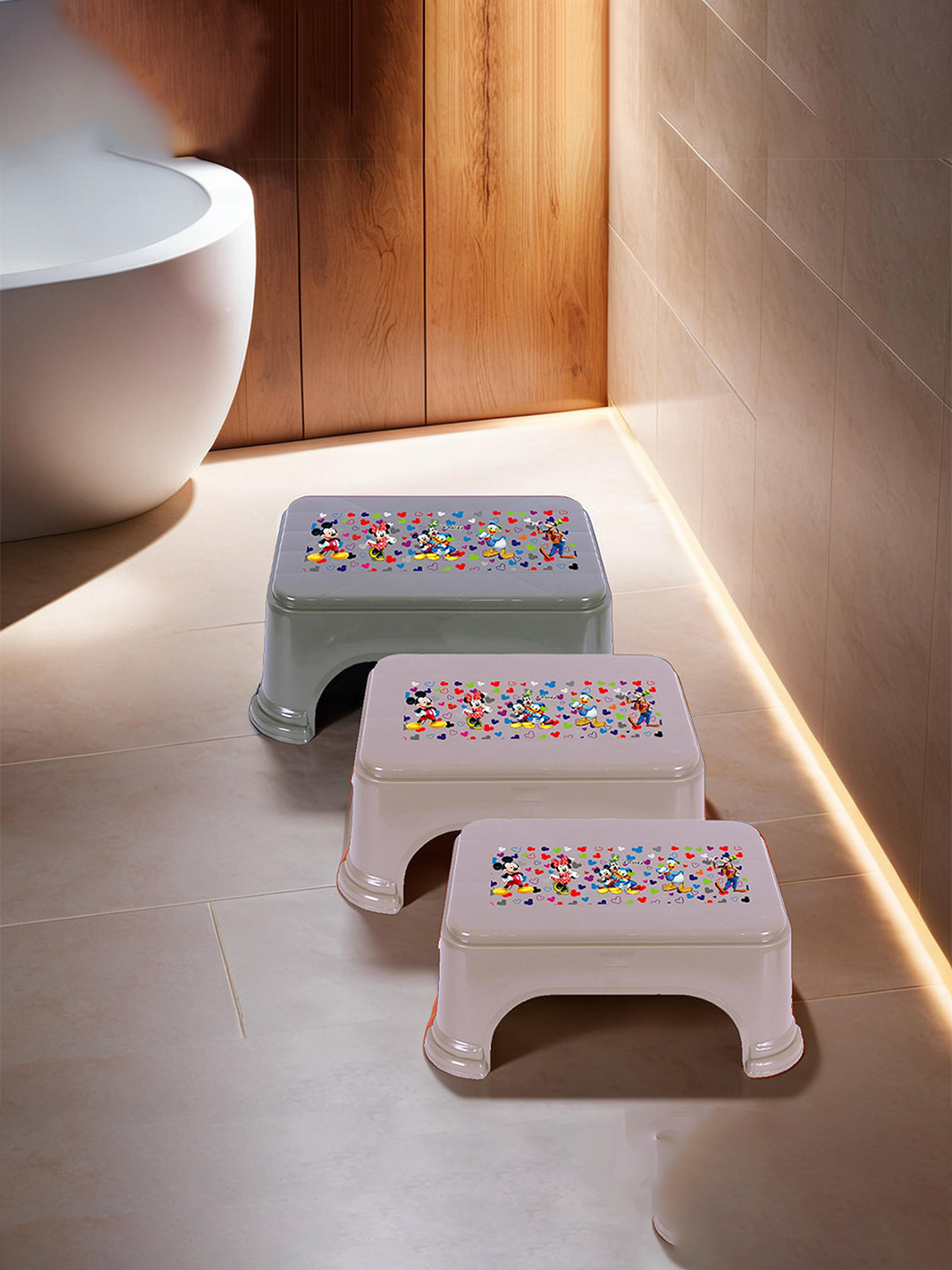 Kuber Industries Grey 3 Pieces Mickey & Friends Printed Bathroom Step Stools