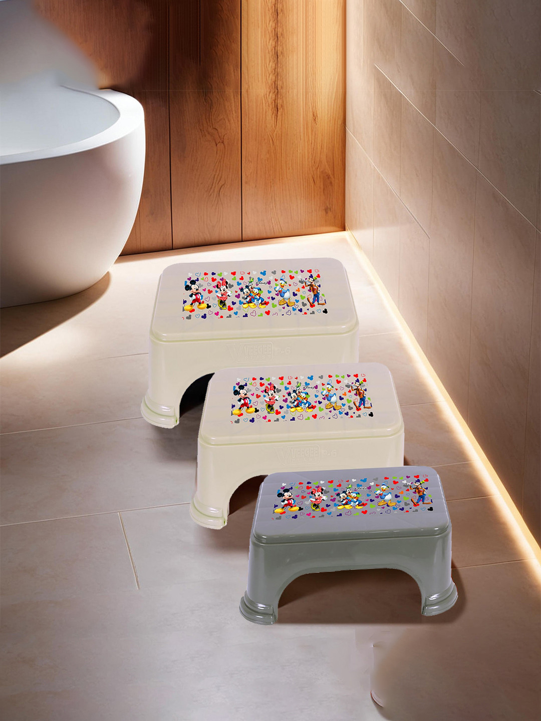 Kuber Industries Beige & Grey 3Pcs Geometric Bathroom Step Stool