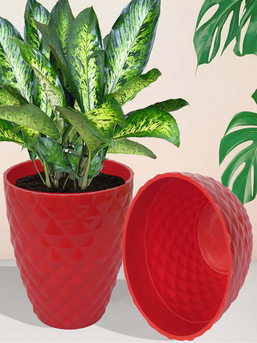 Kuber Industries 6-Pcs Red & Green Textured Planters