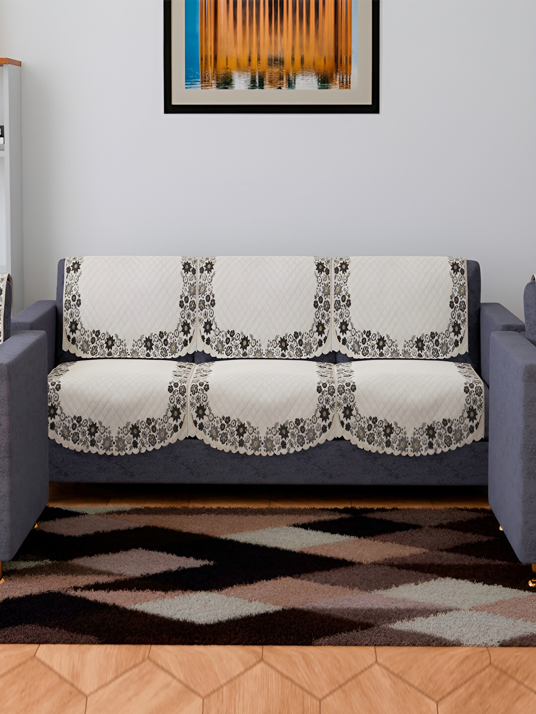 Kuber Industries Set of 6 Cream-Coloured 3 Seater Sofa Slip Cover Velvet Sofa Cover