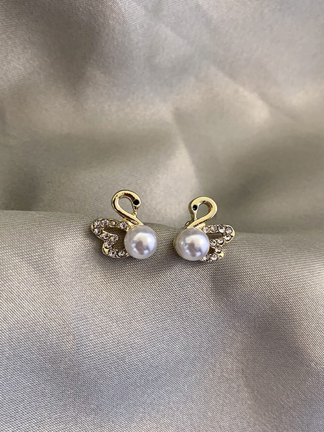 Krelin Gold-Plated Stone-Studded & Pearl-Beaded Swan Earrings