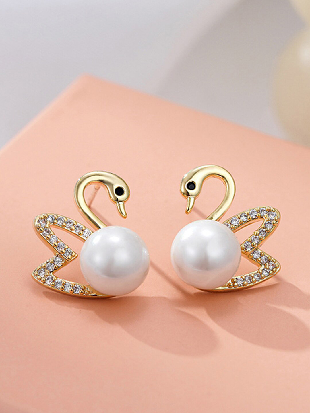 Krelin Gold-Plated Stone-Studded & Pearl-Beaded Swan Earrings