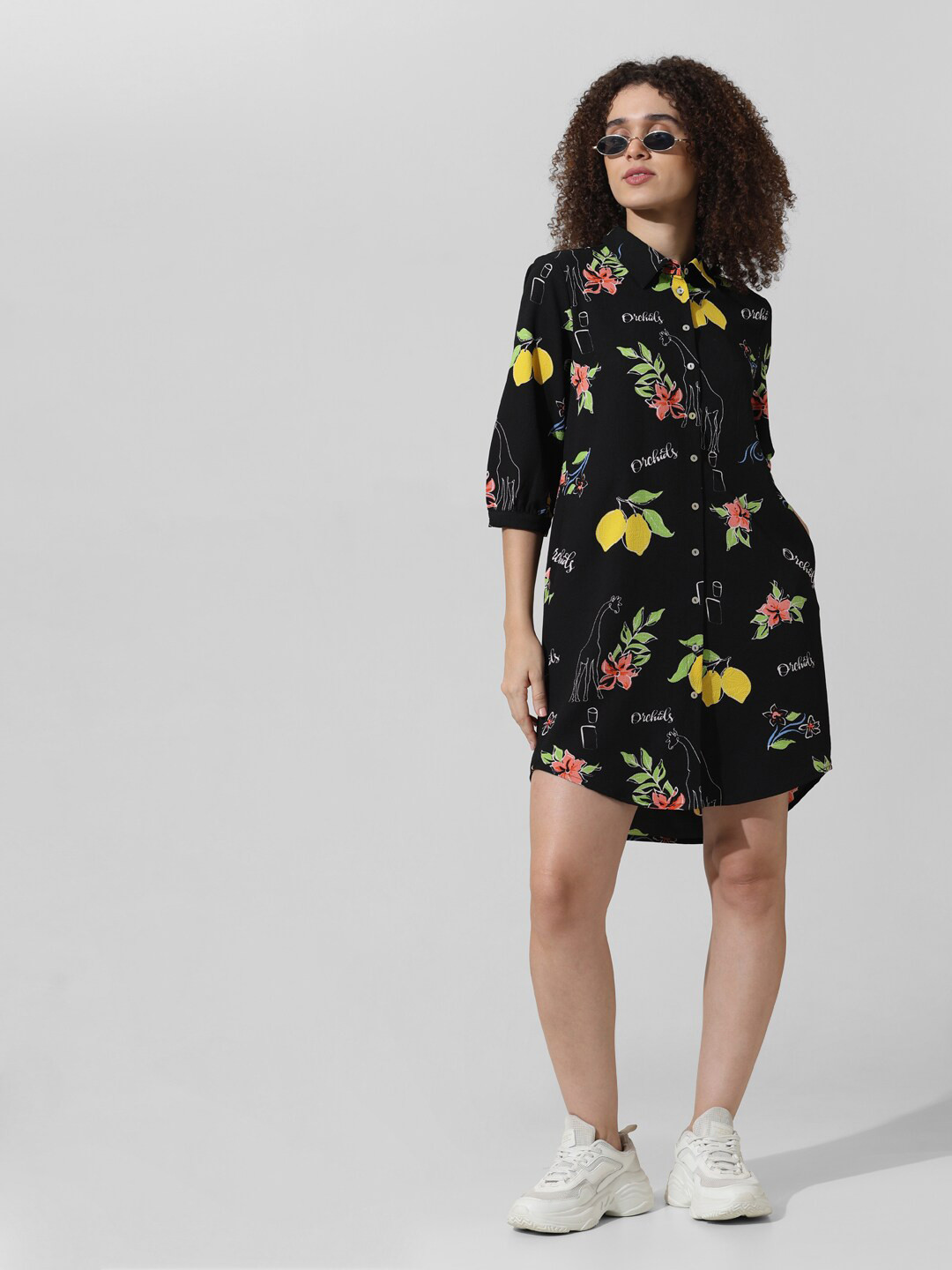 ONLY Black Floral Printed Curved Shirt Mini Dress