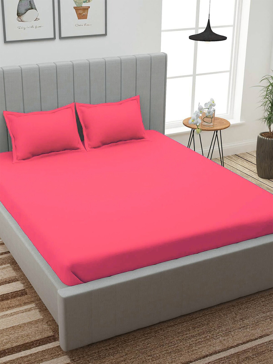 ROMEE Pink Polyester 150 TC Fitted Queen Bedsheet with 2 Pillow Covers-72 x 78 inches