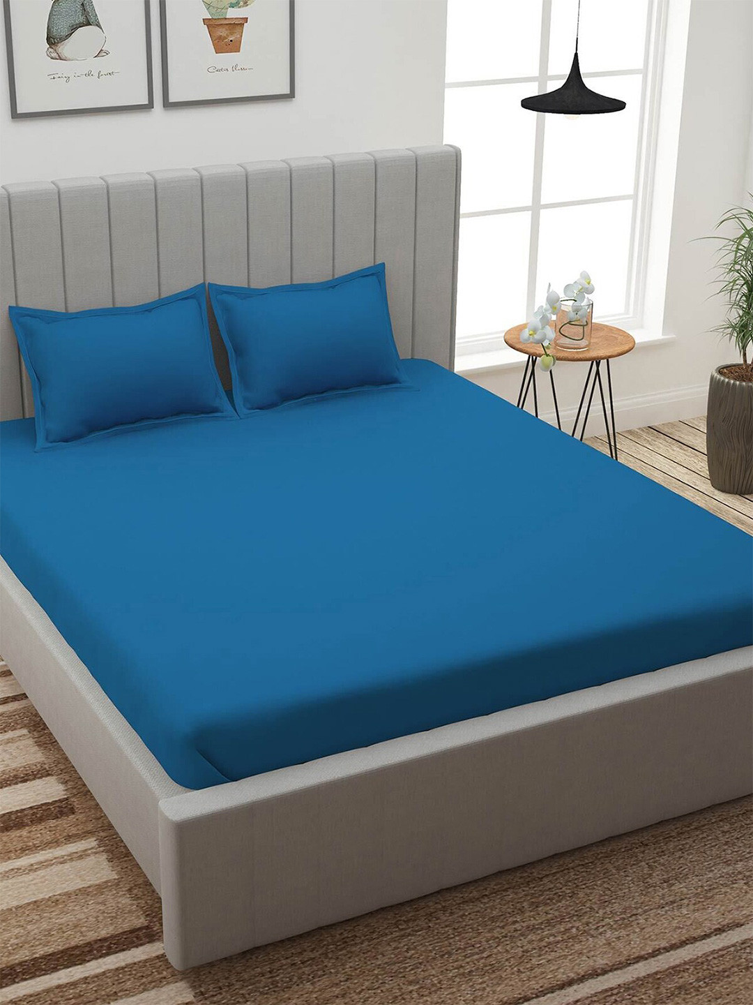 ROMEE Blue Polyester 150 TC Fitted Queen Bedsheet with 2 Pillow Covers-72 x 78 inches