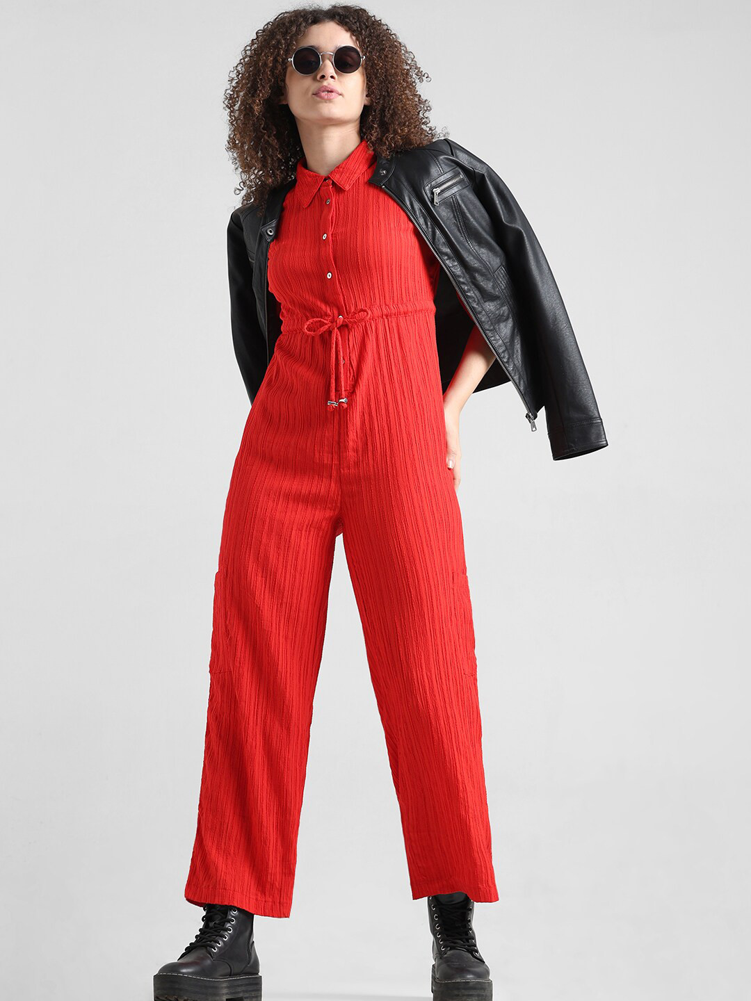 ONLY Self Design Shirt Collar Waist Tie-Up Detail Roll-Up Sleeves Cotton Basic Jumpsuit
