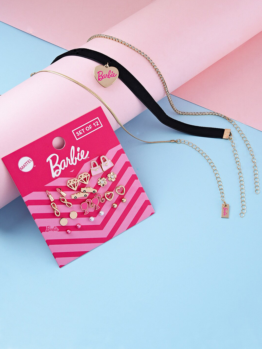 ToniQ Gold-Plated Heart Choker Necklace & 12 Stud Earrings Jewellery Set