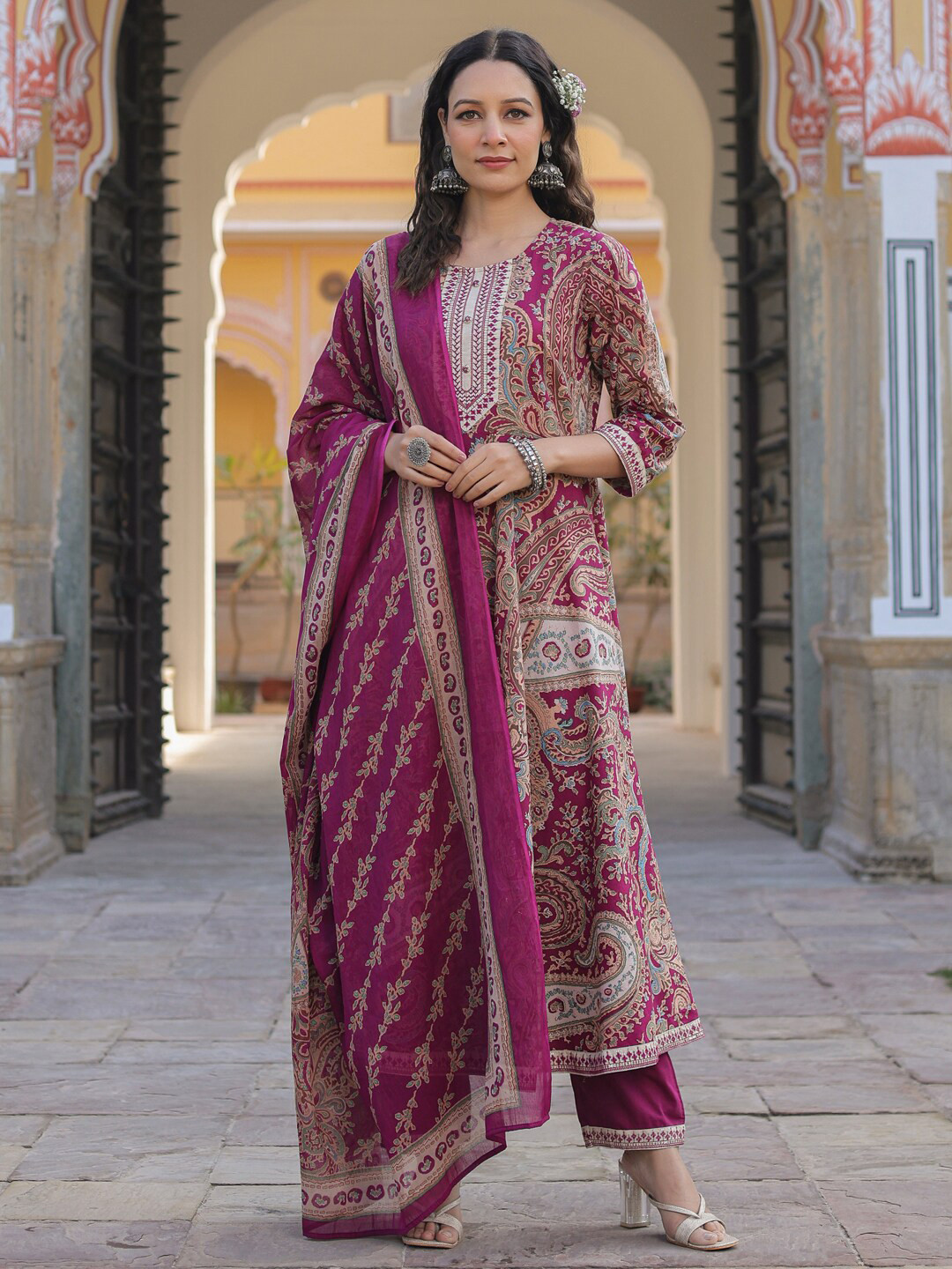 Rain & Rainbow Paisley Printed Thread Work Pure Cotton Kurta with Trousers & Dupatta