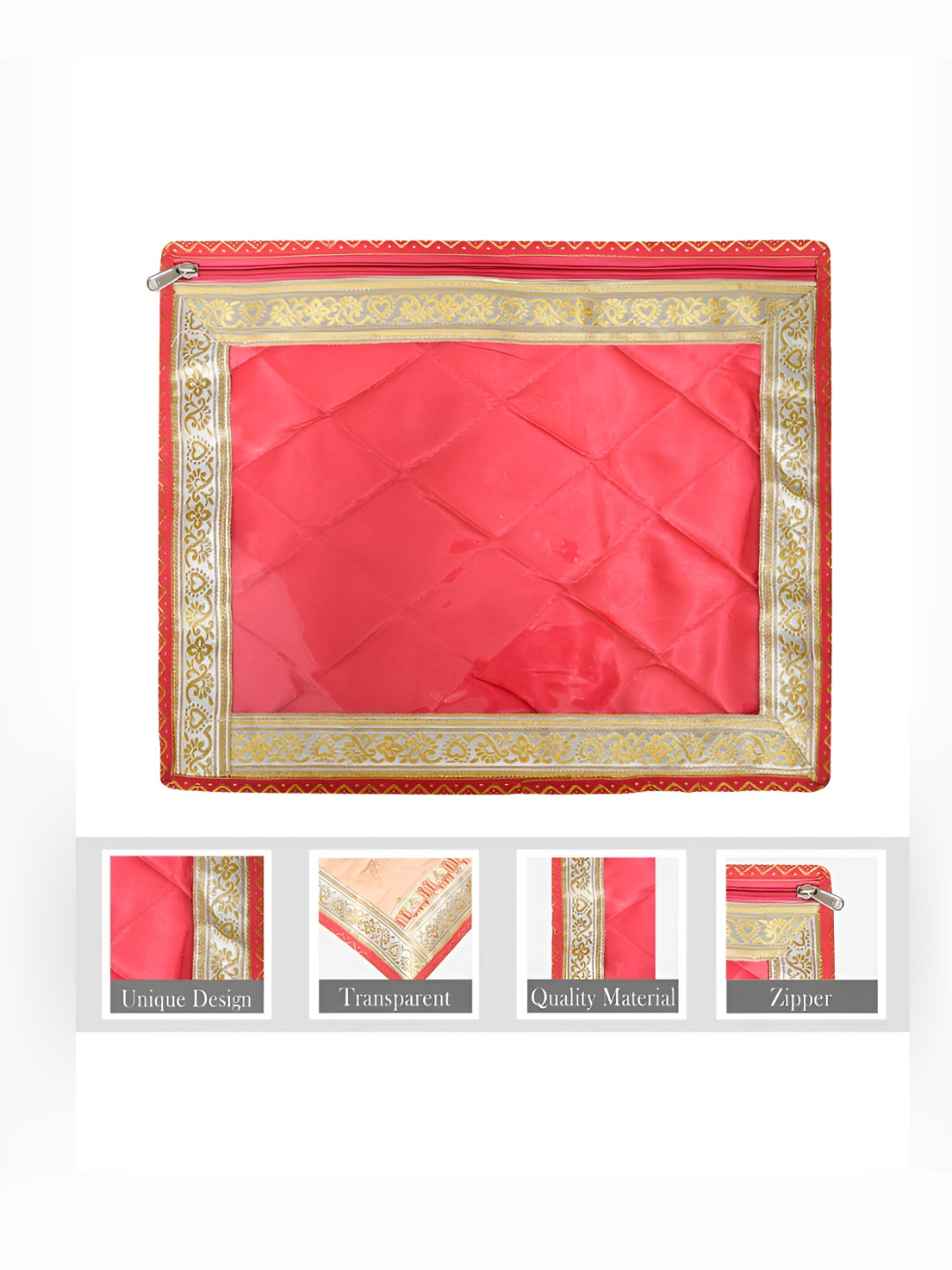 Kuber Industries Pink & Gold Toned 3 Pcs Lace Saree Cover Cloth Stoarge Organisers