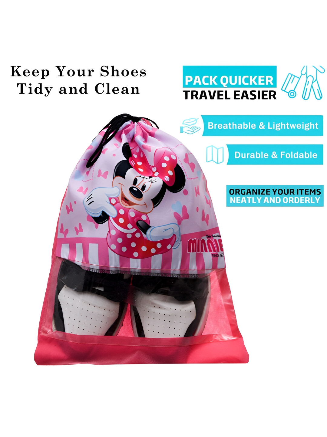 Kuber Industries Set Of 18 Minnie Mouse Printed Waterproof Shoe Bags With Clear Window
