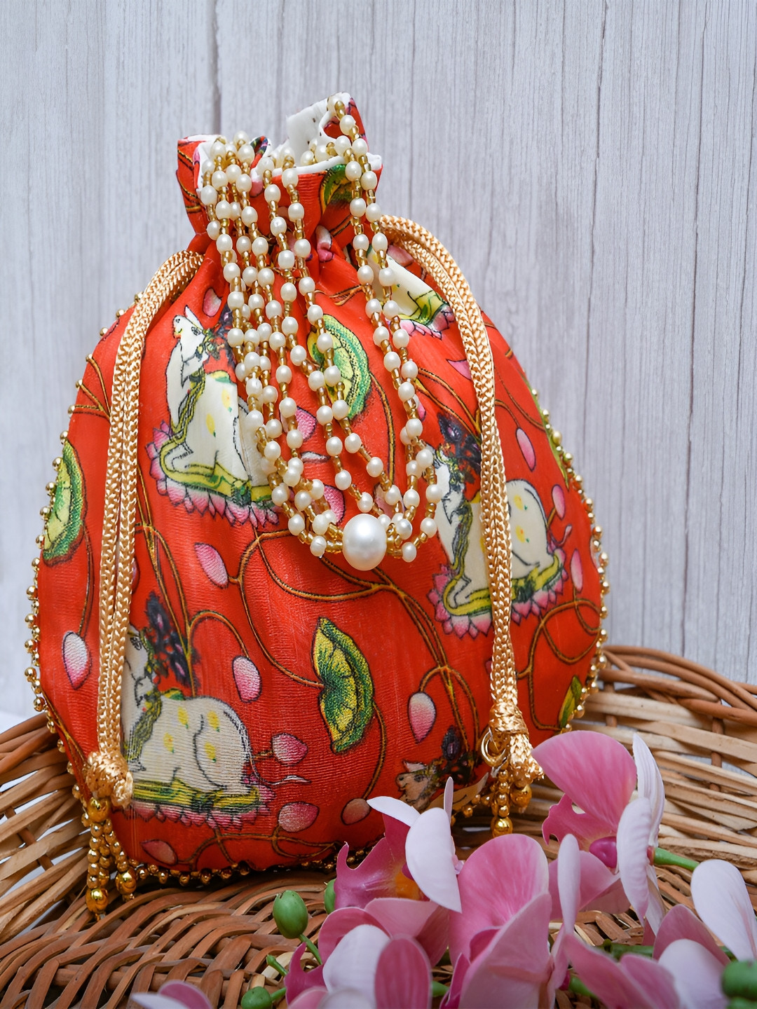 Kuber Industries Set of 4 Printed Beads Beaded Silk Wedding Potli