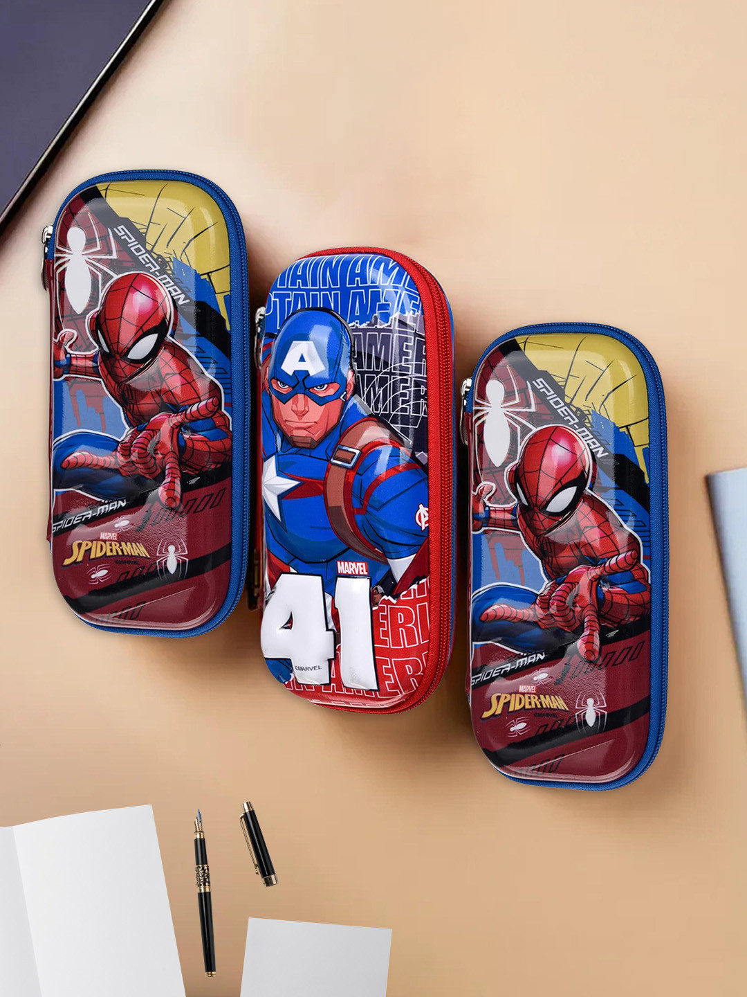 Kuber Industries Kids Pack of 3 Marvel Printed Waterproof Geometry Boxes