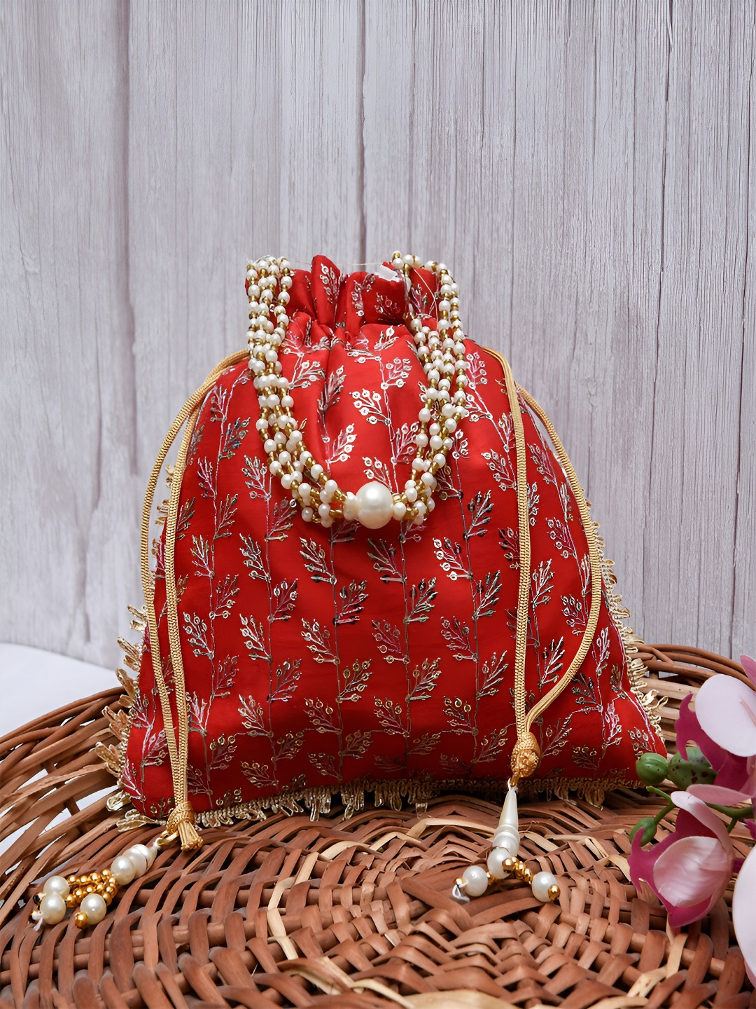 Kuber Industries Red 4 Pieces Printed Potli Shape Jewellery Organisers