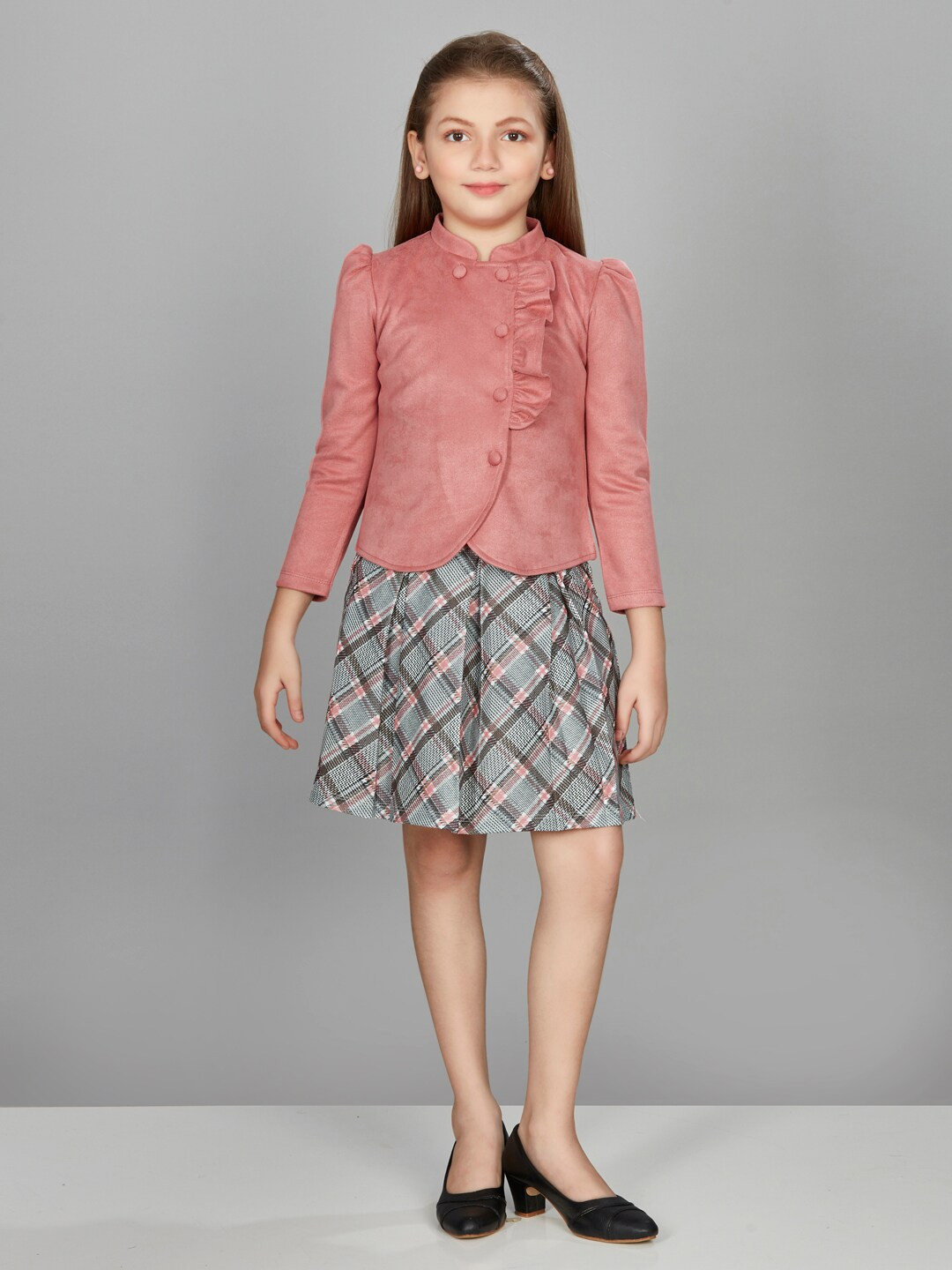 Peppermint Girls Mandarin Collar Suede Top with Skirt