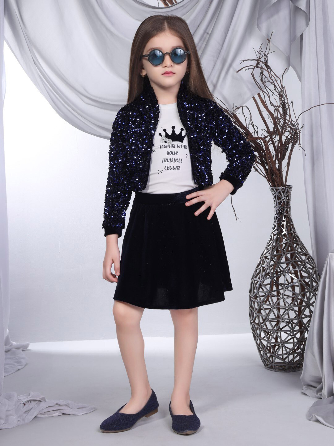 Peppermint Girls Typography Printed T-Shirt With Skirt & Jacket