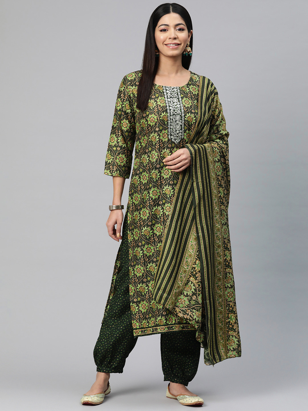 Readiprint Floral Printed Sequinned Pure Silk Kurta with Salwar & Dupatta