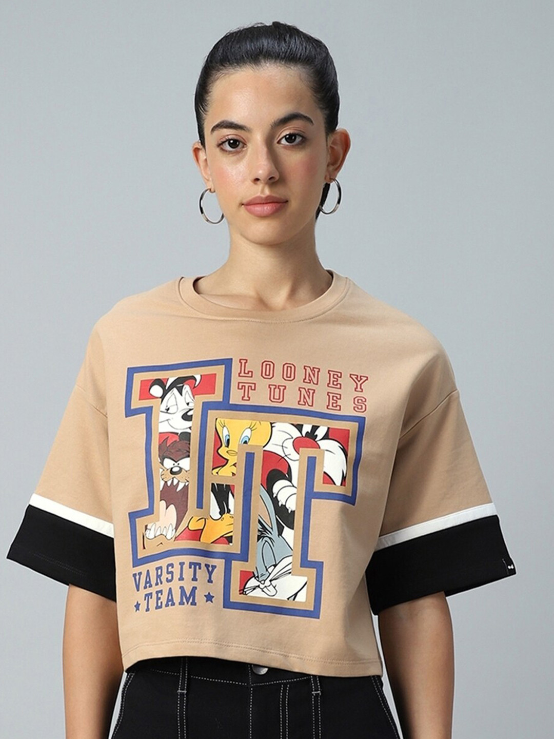 Bewakoof Heavy Duty 1.0 Women Brown Varsity Team Graphic Printed Oversized Short Top