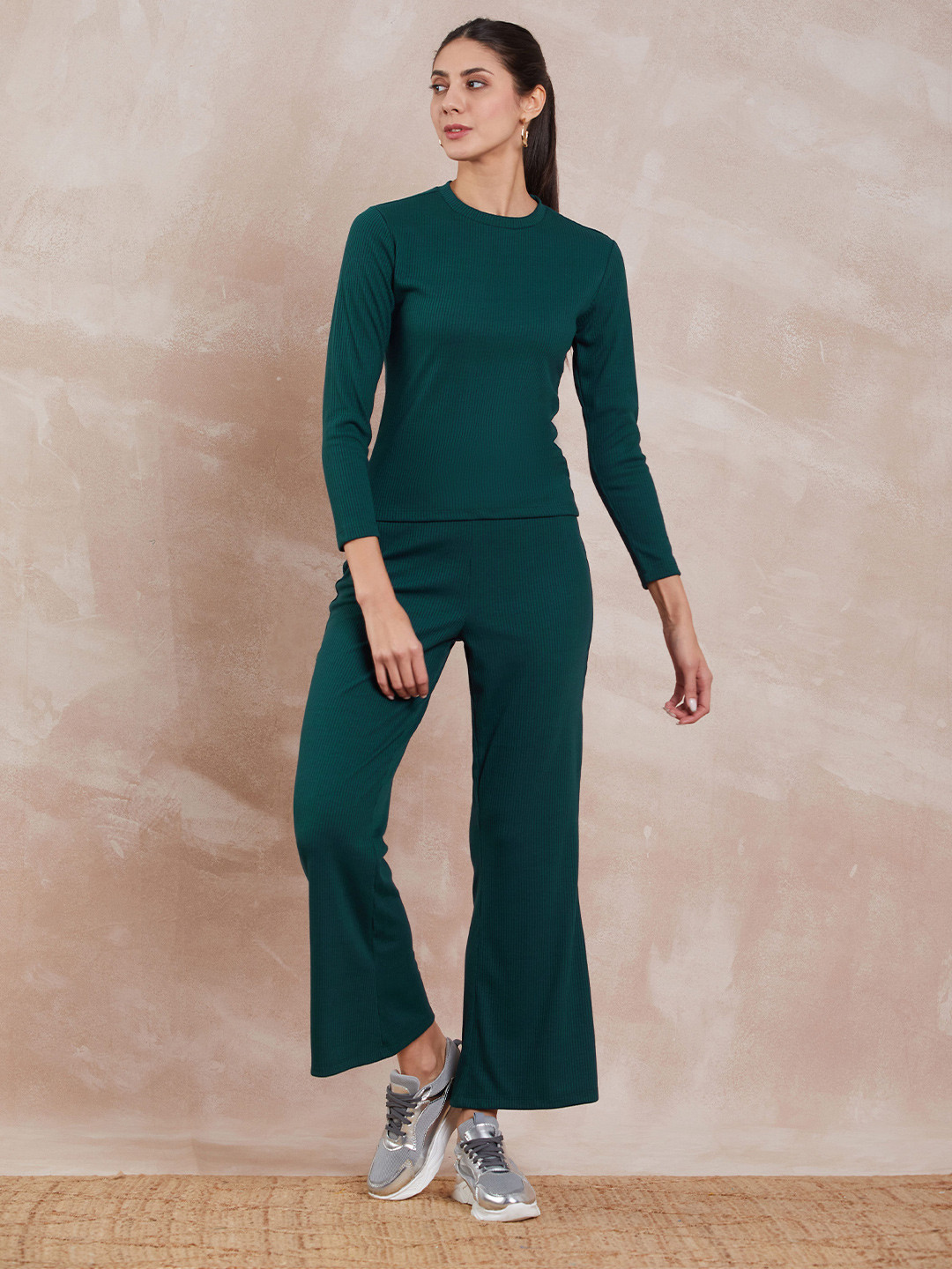 DressBerry Green Ribbed Round Neck Top & Trousers
