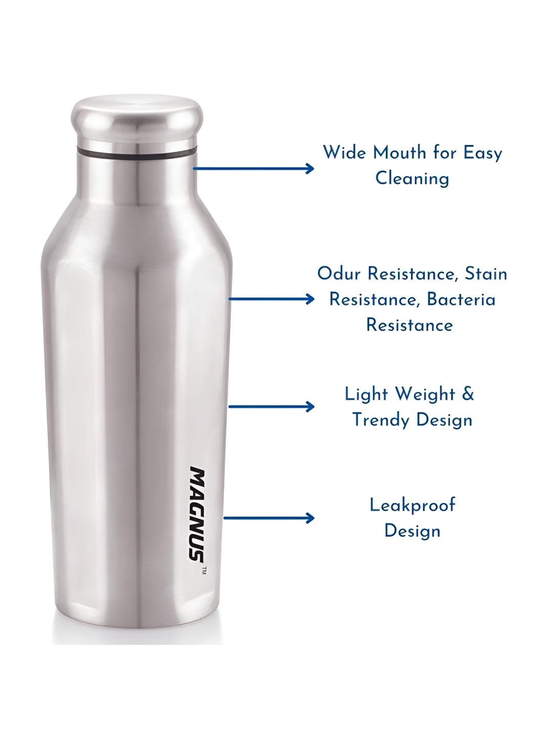 MAGNUS Silver Stainless Steel Single Wall Vacuum 2 Piece Water Bottle - 550ml