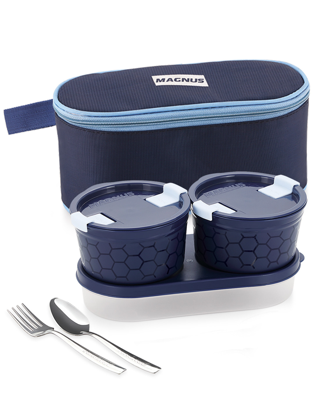 MAGNUS Navy Blue Solid Plastic Microwave Safe 3PCs Lunch Box With Spoon and Fork