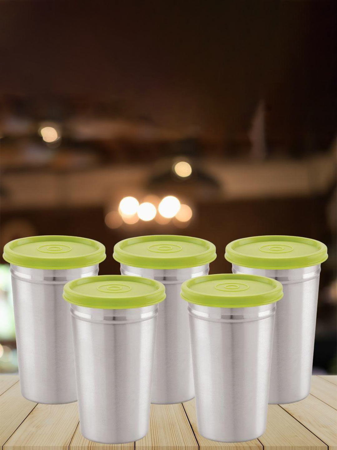 MAGNUS SilverToned & Green 5 Pieces Airtight & Leakproof Stainless Steel Tumblers  350 ml