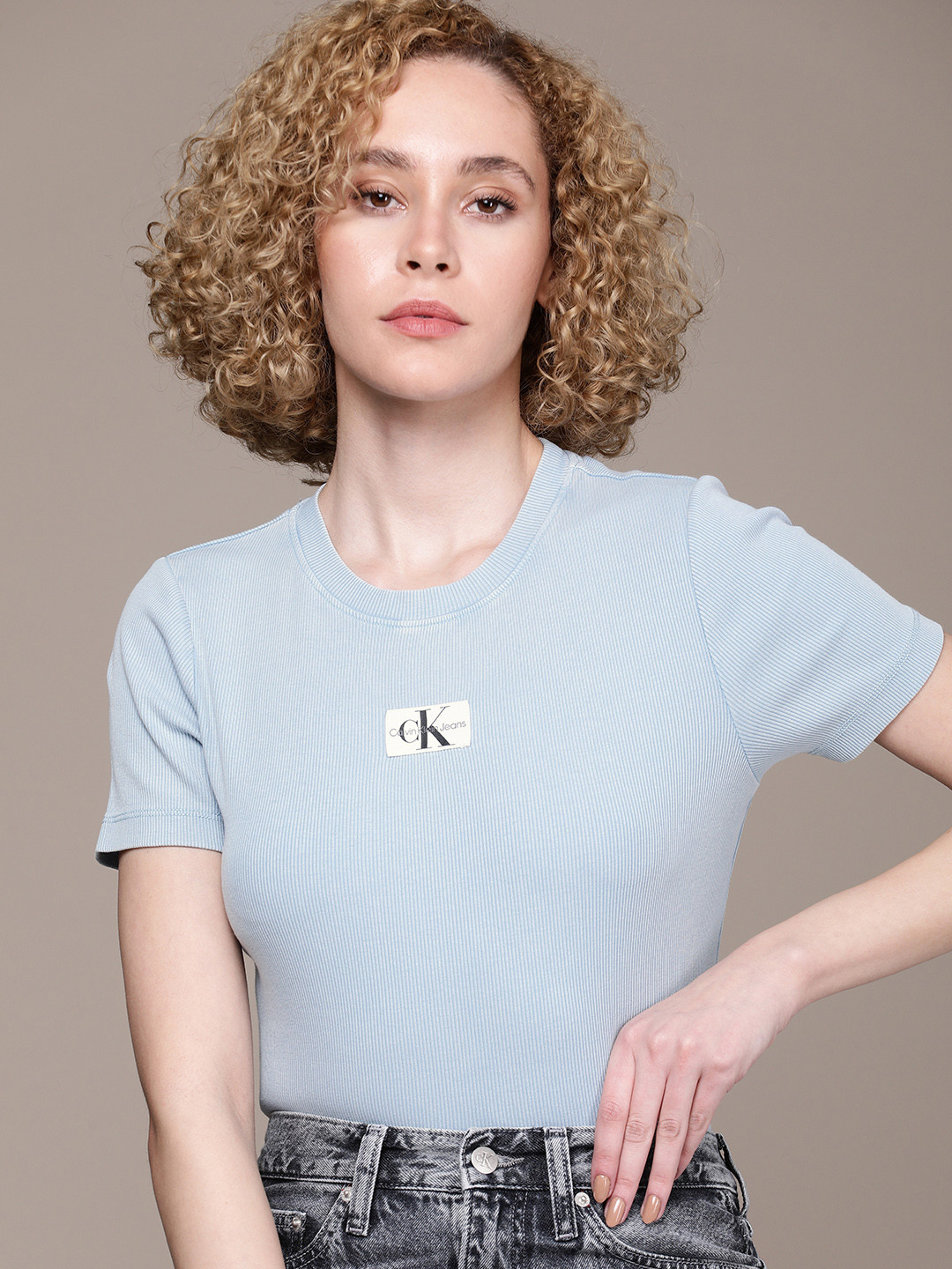 Calvin Klein Jeans Brand Logo Applique Ribbed Slim Fit T-shirt