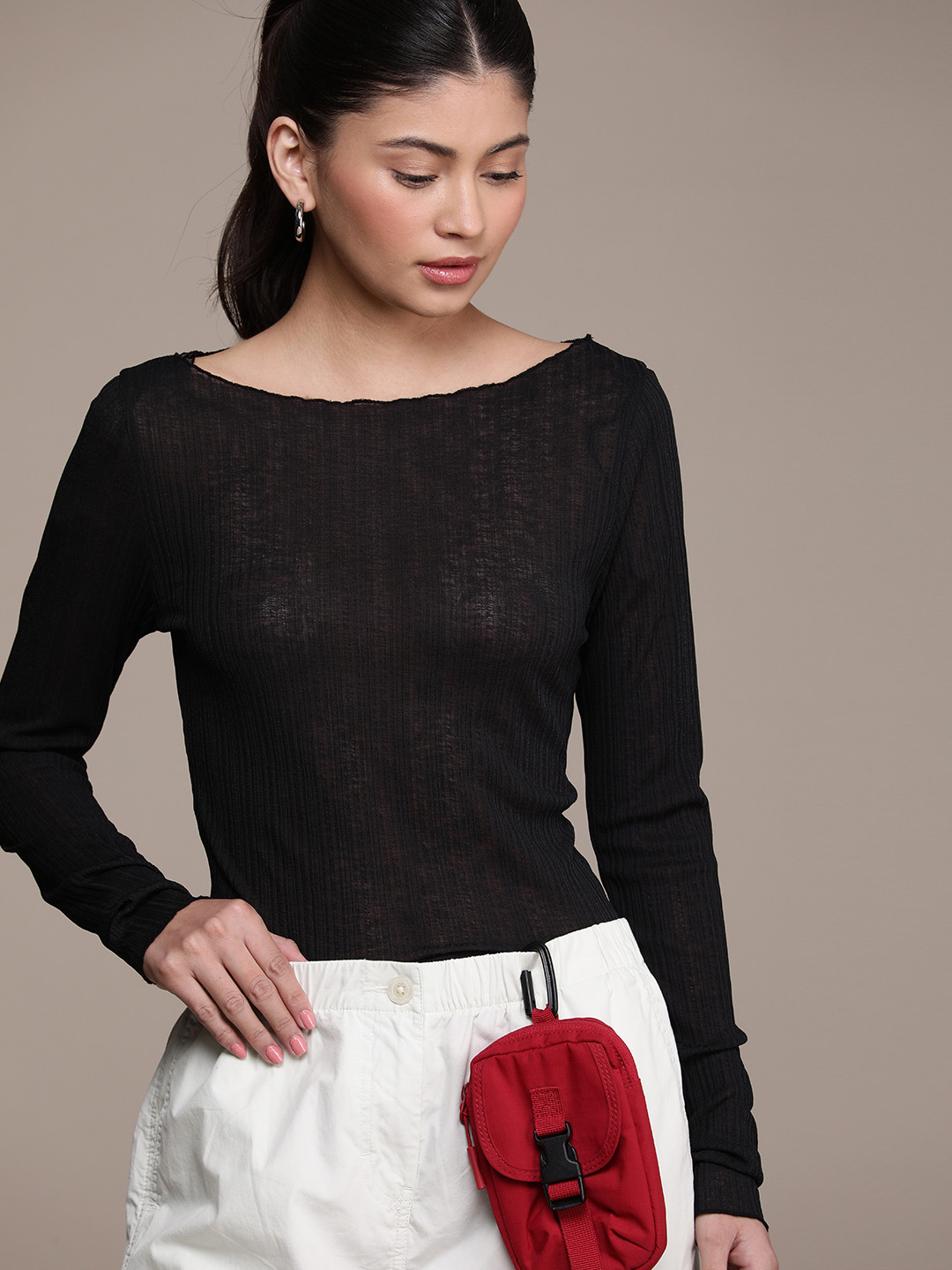 Calvin Klein Jeans Solid Semi-Sheer Ribbed Regular Top