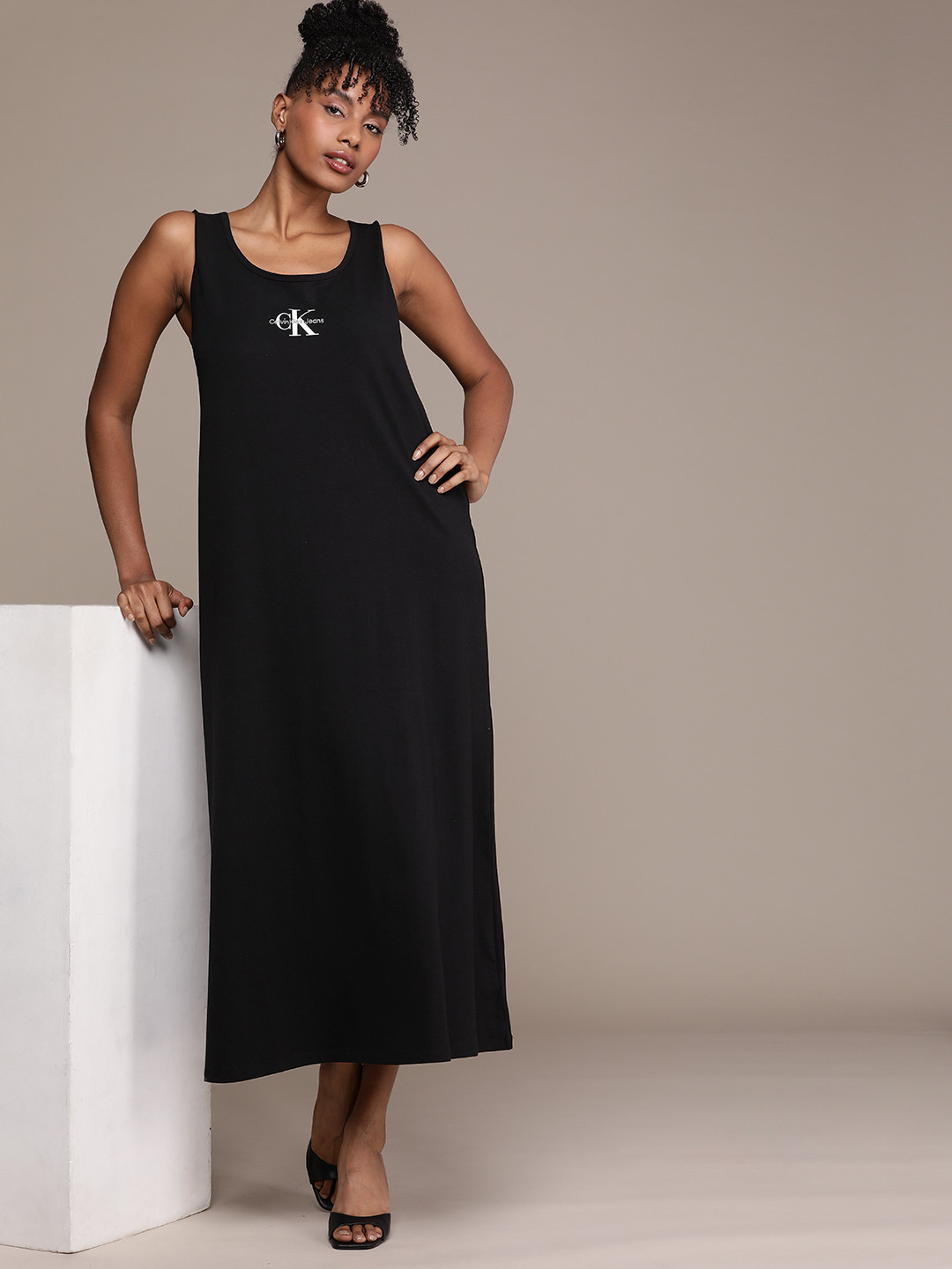 Calvin Klein Jeans Brand Logo Embroidered Sleeveless A-Line Midi Dress