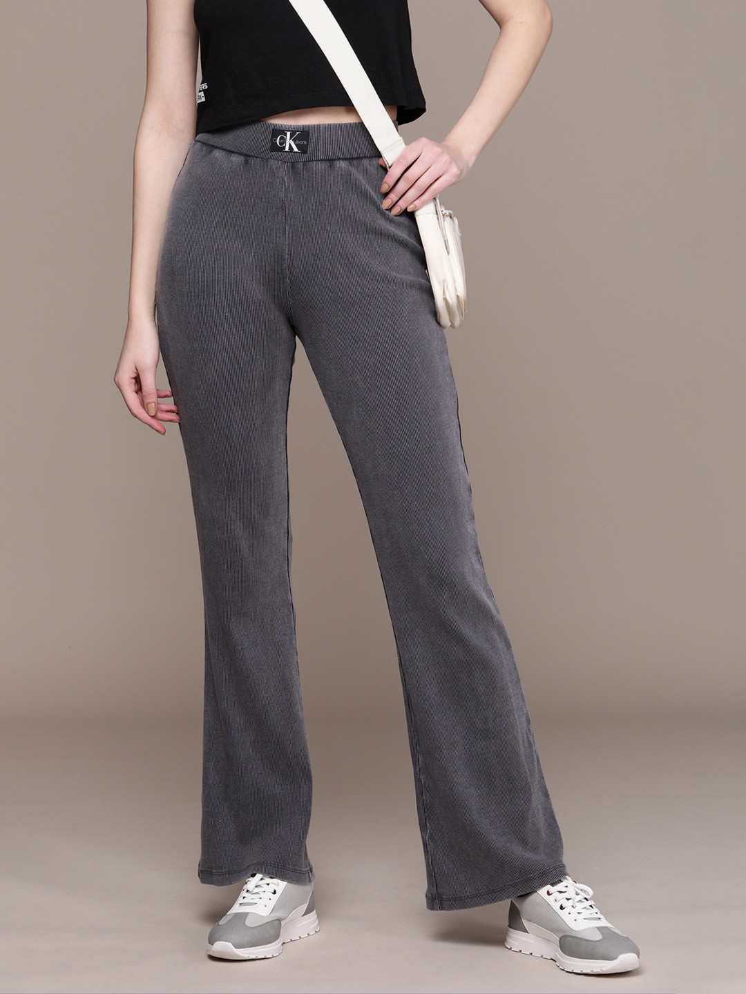 Calvin Klein Jeans Women Mid Rise Ribbed Easy Wash Flared Trousers