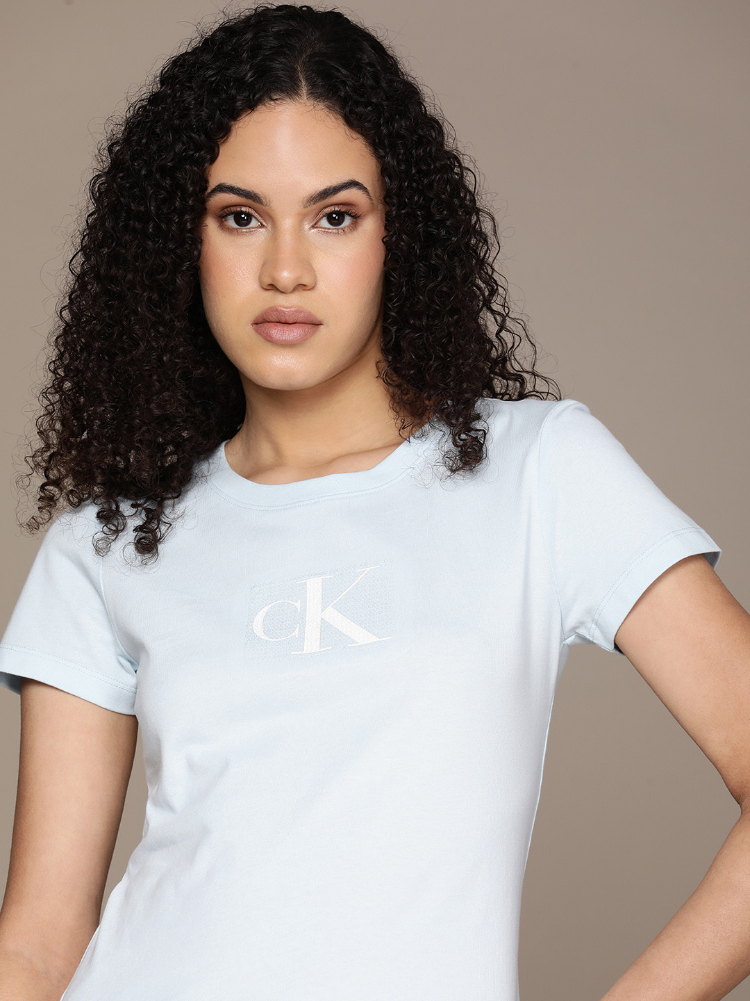 Calvin Klein Jeans Brand Logo Printed Sequined Detailed Pure Cotton Slim Fit T-shirt