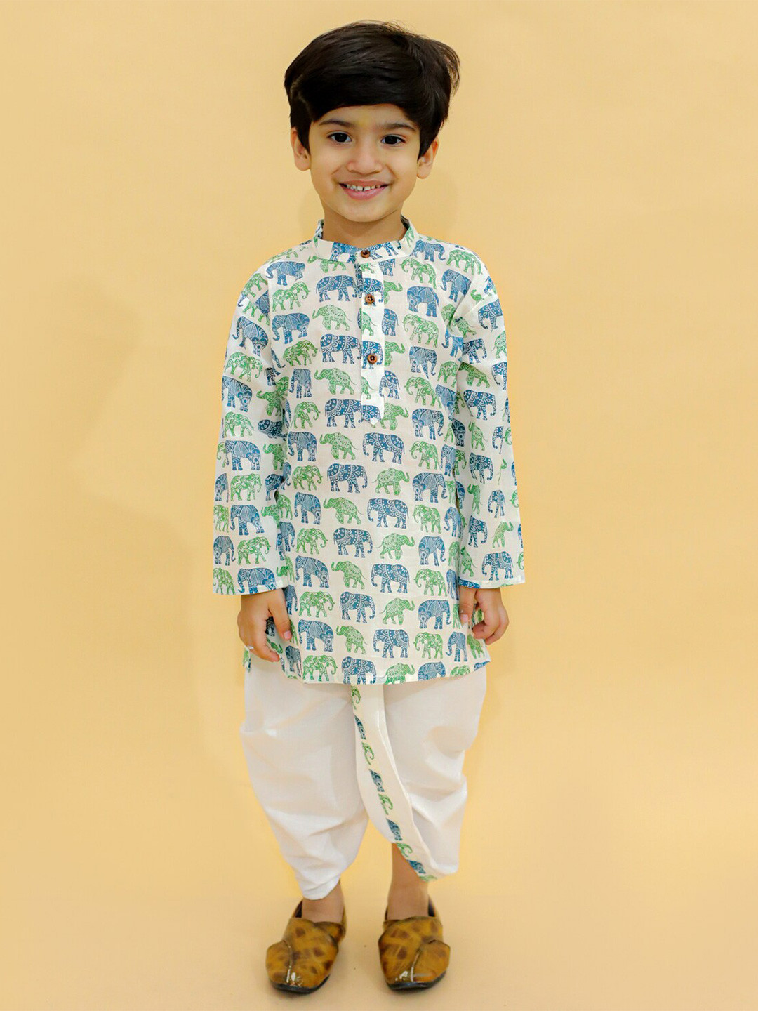BAESD Boys Animal Mandarin Collar Pure Cotton Straight Kurta with Dhoti Pants