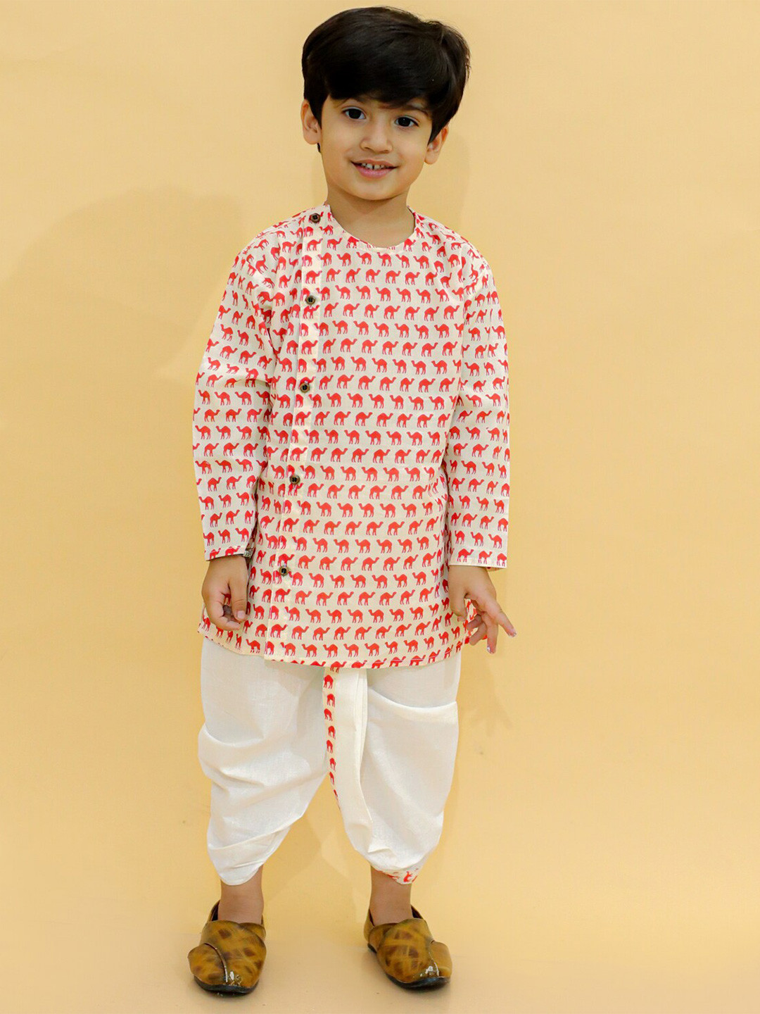 BAESD Boys Animal Printed Round Neck Pure Cotton Straight Kurta with Dhoti Pants