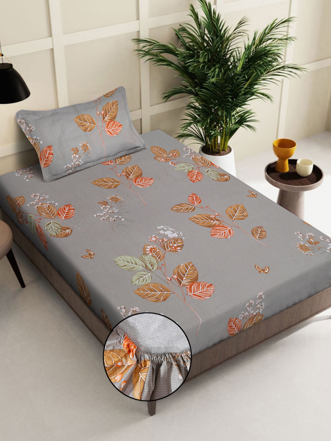 KLOTTHE Grey & White Floral Cotton 400TC Fitted Single Bedsheet With Pillow Cover
