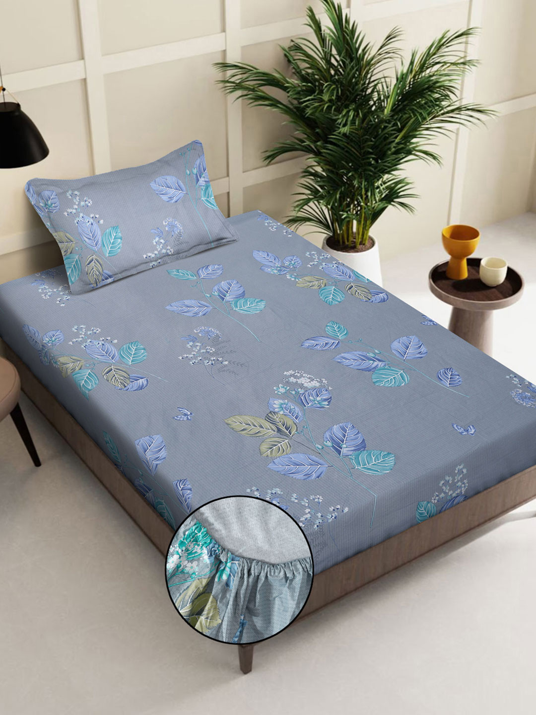 KLOTTHE Blue & Grey Floral Cotton 400 TC Fitted Single Bedsheet with Pillow Cover