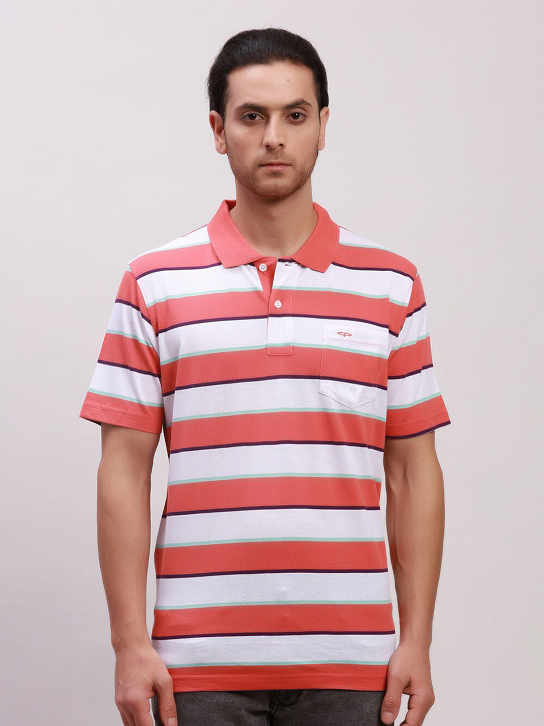 ColorPlus Striped Polo Collar Pockets Tshirt