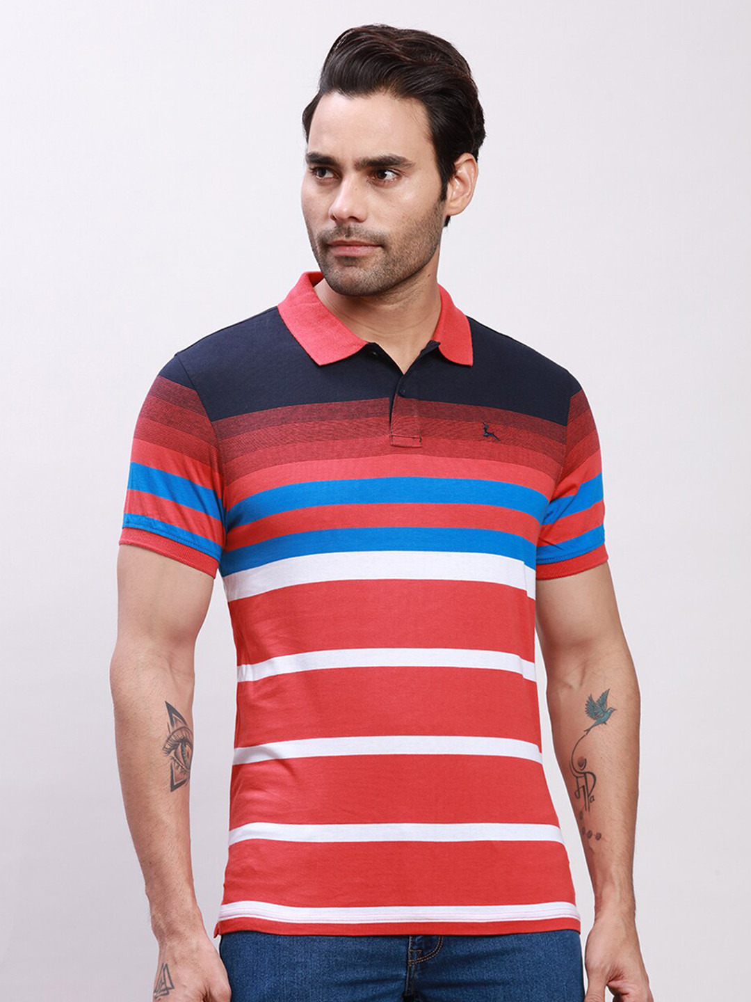 Parx Striped Polo CollarCotton Applique T-shirt