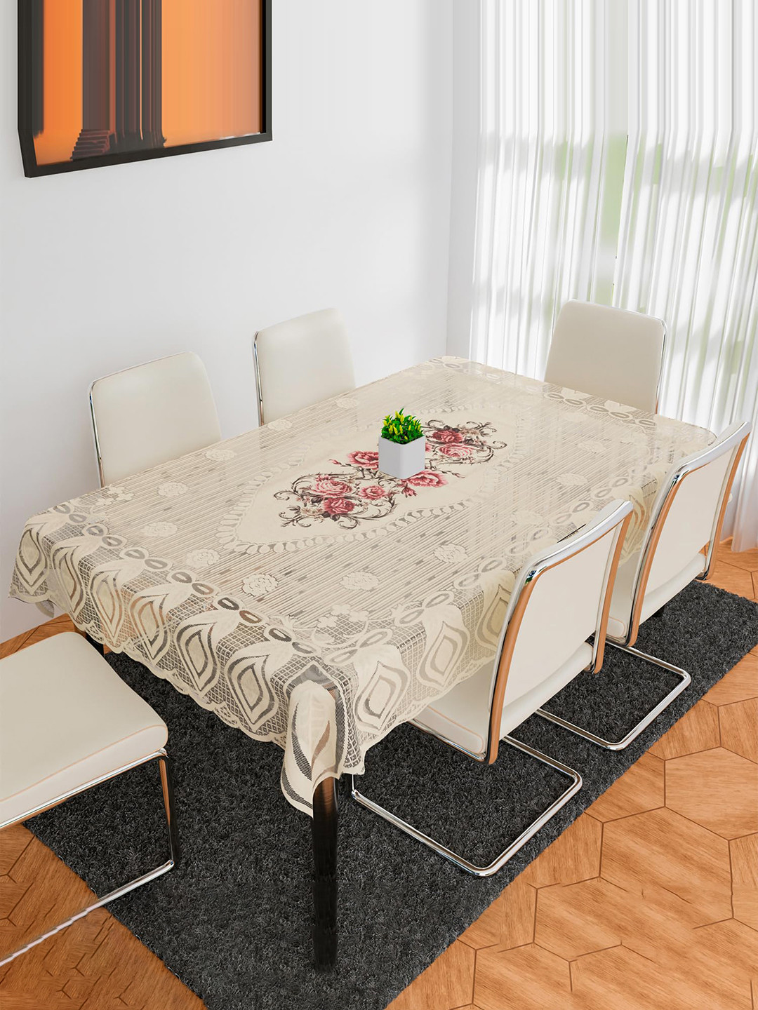 Kuber Industries Off White & Pink Floral 2.28 m x 1.52 m Cotton Table Cover