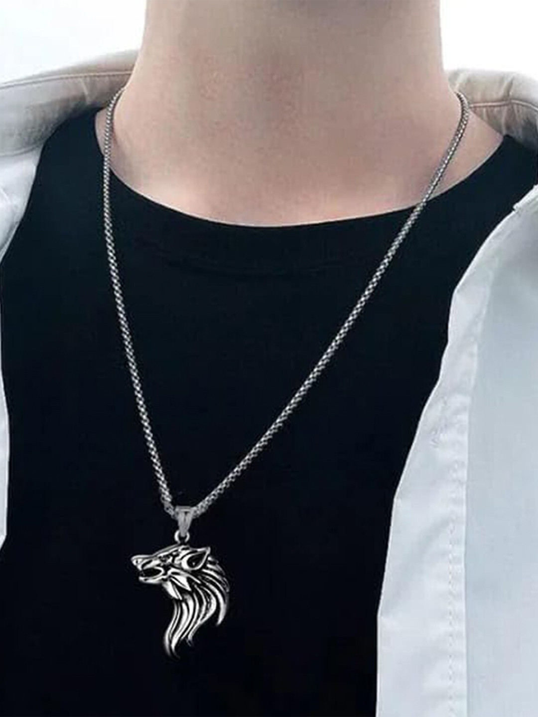 Mahi Men Rhodium-Plated Wolf-Charm Pendant