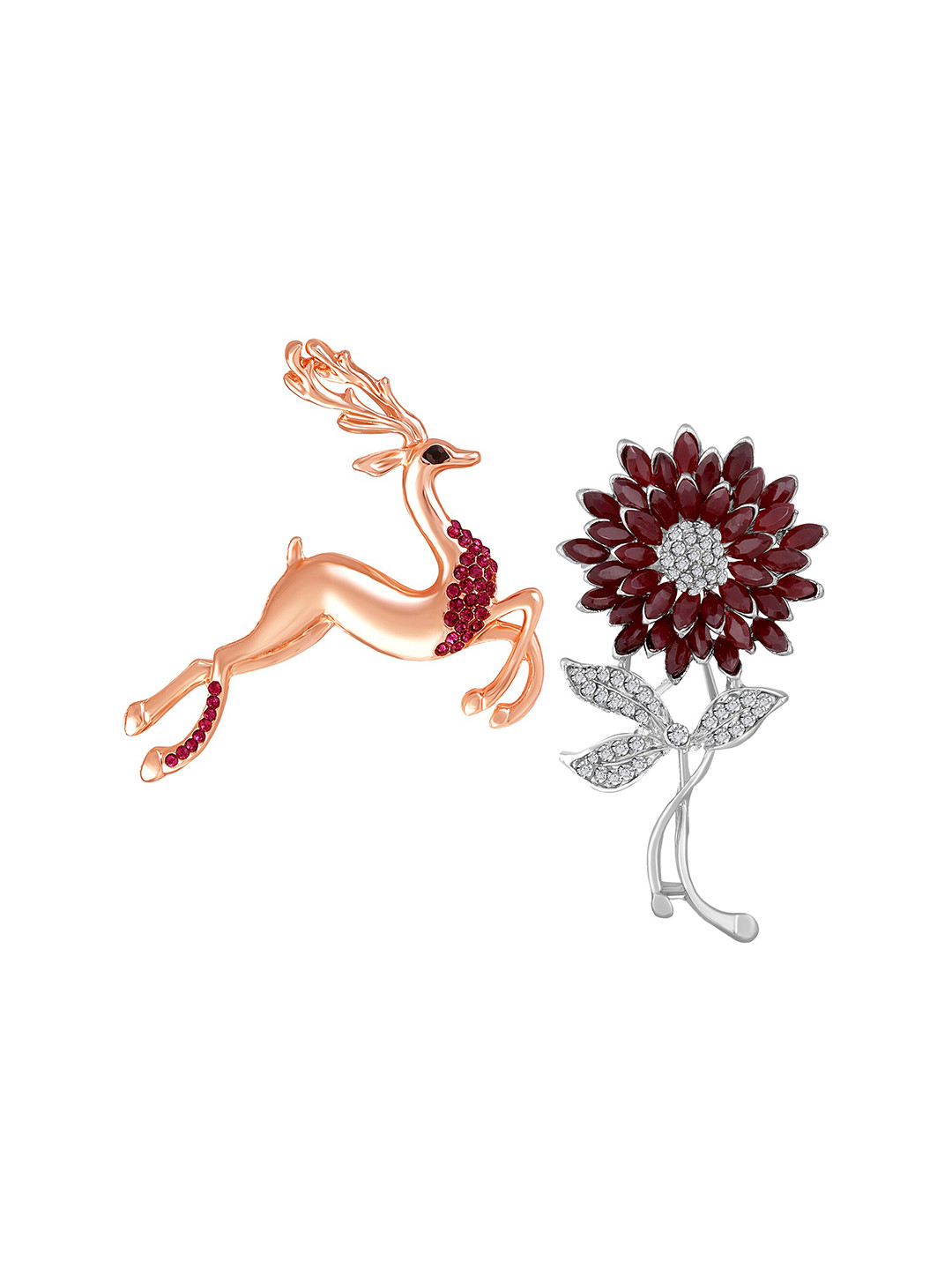 Mahi Women Set Of 2 Crystals Floral & Deer-Shaped Wedding Brooch