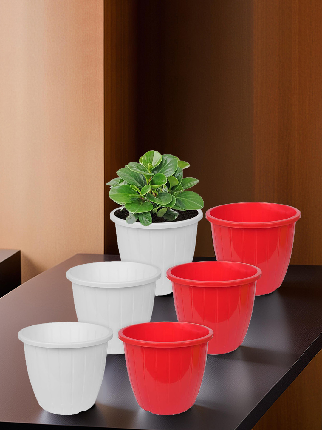 Kuber Industries White & Red 6-Pcs Textured Planters Pots