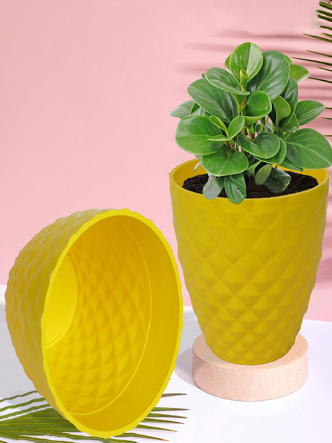 Kuber Industries Yellow & White 6 Pieces Diamond Textured Planters
