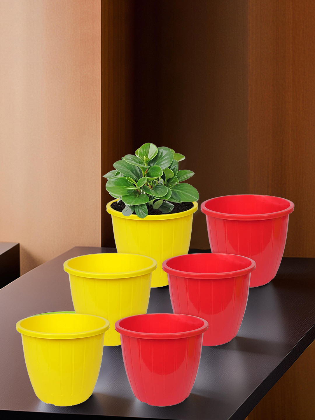 Kuber Industries Red & Yellow 6 Pieces Balcony Textured Planters