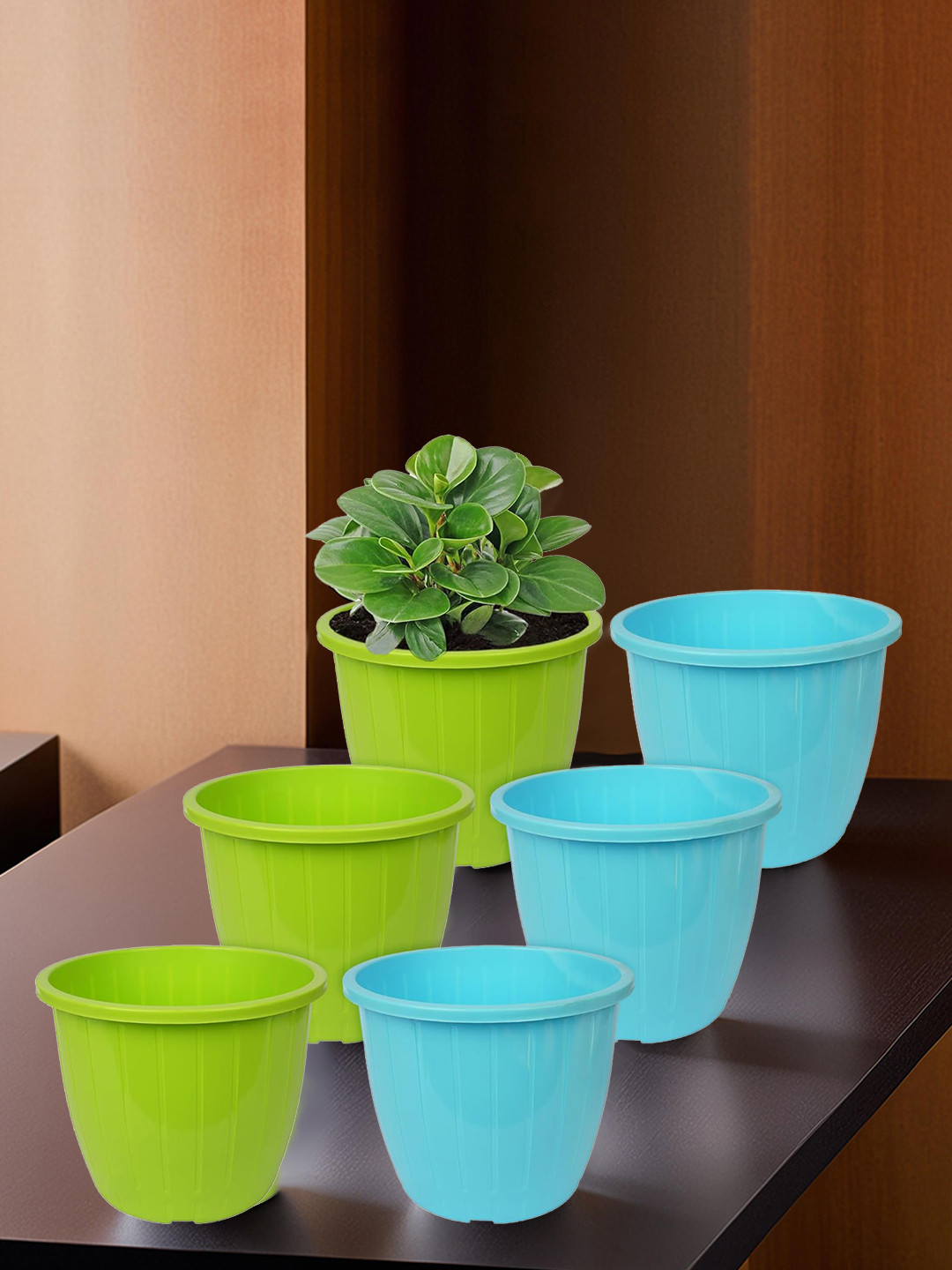 Kuber Industries Green & Blue 6 Pcs Textured Planters Pots