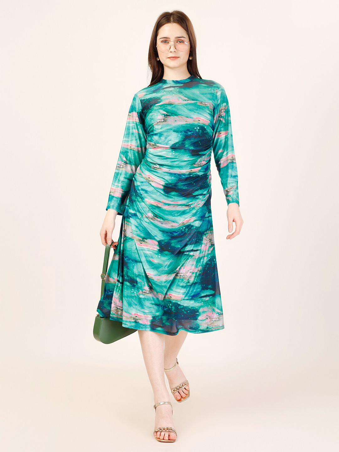 Fashfun Mock Neck Long Sleeves Floral Print Fit & Flare Midi Dress